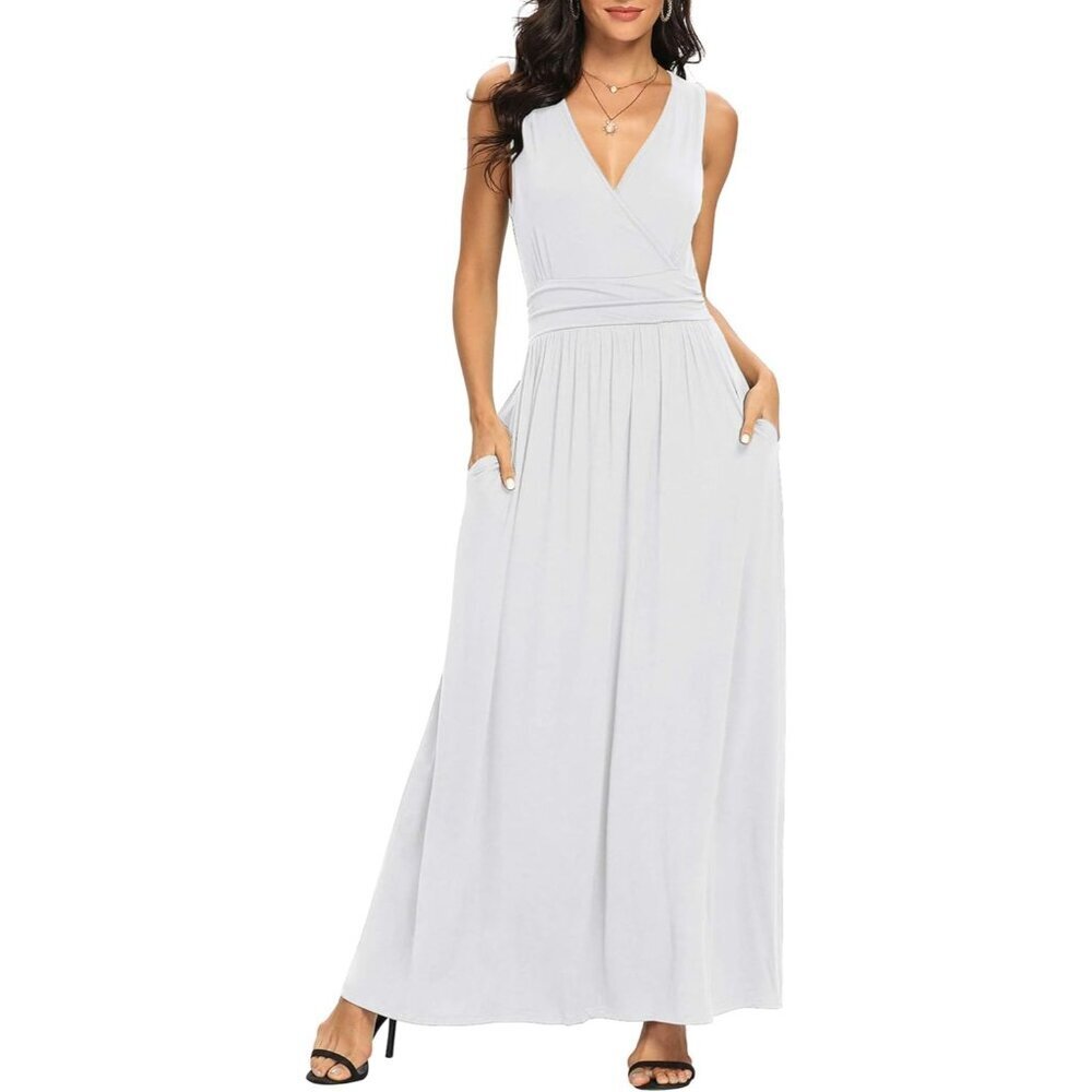 Women White Deep V Neck Sleeveless Loose Plain Long Maxi Stretchy Dress - Picture 4 of 6
